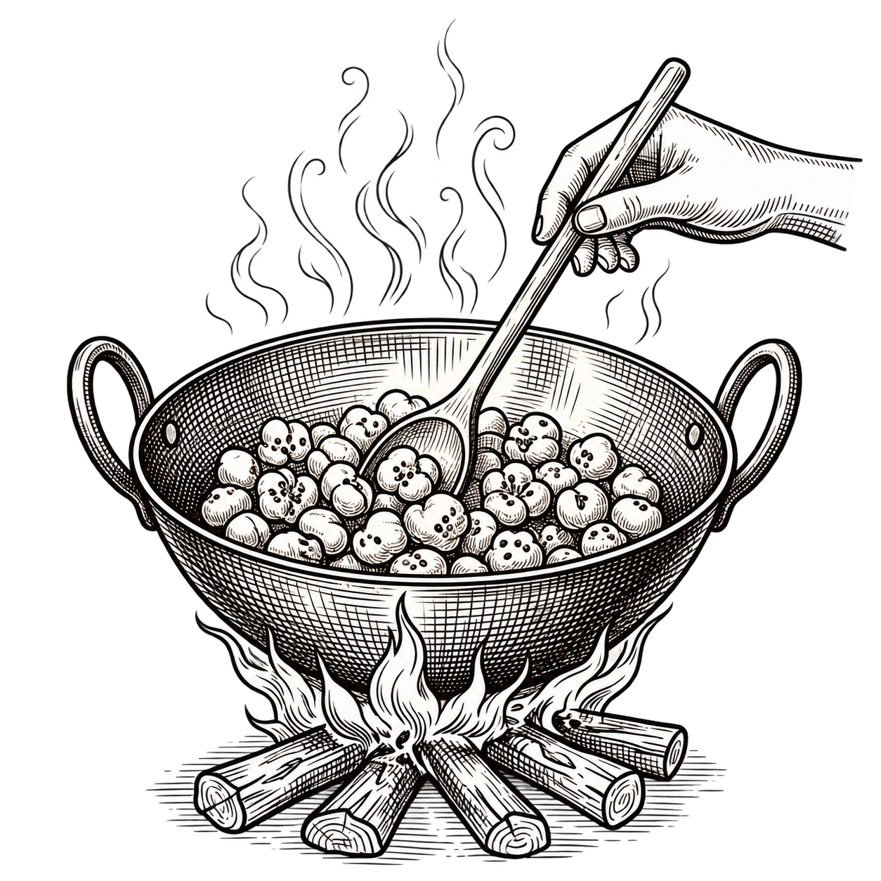 Makhana seeds roasting in a traditional iron kadhai over wood fire